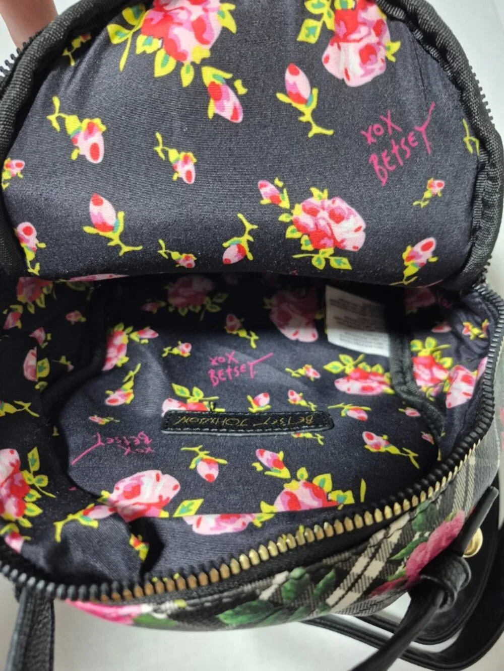Betsey Johnson Cat Face Mini Backpack Floral Plaid Rose Kitsch Bag
